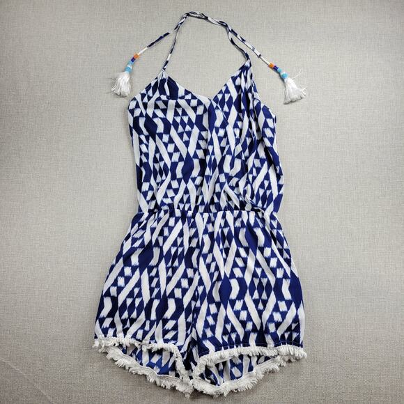 Eclair Womens Romper L Blue Geometric Backless Halter Tassels Fringe Summer - Picture 1 of 9